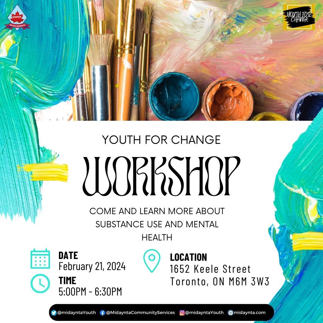 Happening tomorrow! Please join us on Wednesday February 21st from 5:00PM-6:30PM for the Youth for Change Workshop focusing on art, substance use and mental health! Location: Midaynta Community Services 1652 Keele St., Toronto, ON M6M 3W3   #midayntayouth #youthforchange #YFC