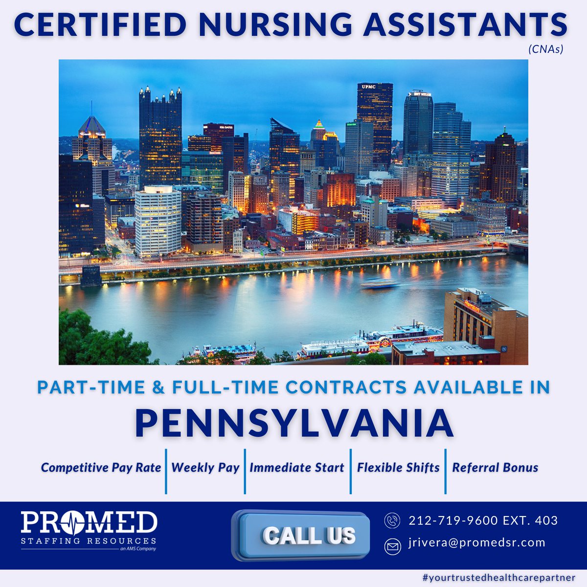 Eager to start a new #assignment right away? Kickstart your journey with us by sending your resume to jrivera@promedsr.com or contact him directly at (212) 719-9600. 

#cna #certifiednursingassisstant #cnainpennsylvania #pennsylvaniajobs #longtermcare #lpnjobs #hiring #promedsr