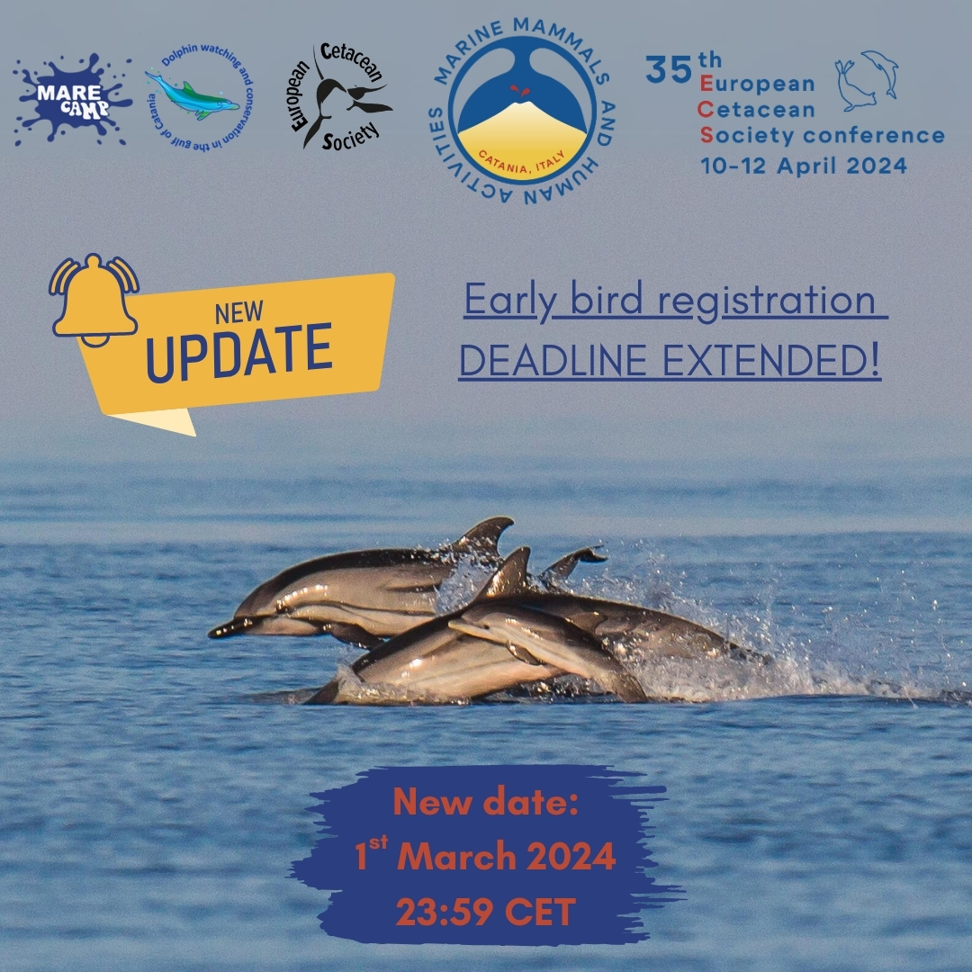 European Cetacean Society (@eurocetsoc) on Twitter photo 📢 UPDATE: Early bird #ECS registration deadline EXTENDED until March 1st, 11:59 pm CET! For those who haven't received it, abstract notifications will arrive soon. See you in Catania! 🌟
<a href="/Marecamp_CT/">Marecamp association</a>
#ECSconference2024 #cetaceans #weareECS #CataniaECS2024 📢 UPDATE: Early bird #ECS registration deadline EXTENDED until March 1st, 11:59 pm CET! For those who haven't received it, abstract notifications will arrive soon. See you in Catania! 🌟
<a href="/Marecamp_CT/">Marecamp association</a>
#ECSconference2024 #cetaceans #weareECS #CataniaECS2024