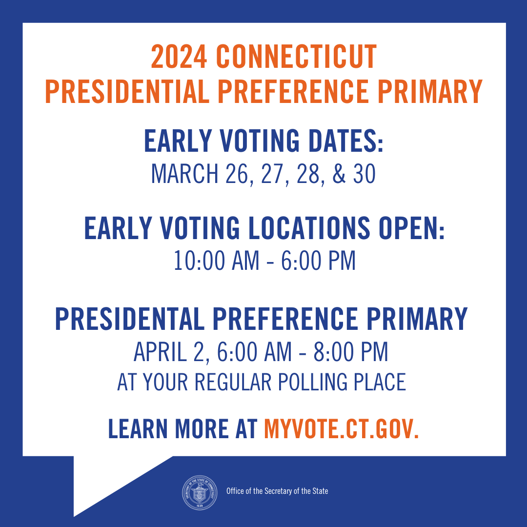 CTSotS's tweet photo. Early voting starts next month with the Presidential Preference Primary! Learn more about early voting at https://t.co/oVdNmmKNsL. 

Do you have any questions about early voting? Comment below!

#earlyvoting #ct #vote #election https://t.co/MPyRtm2RLQ