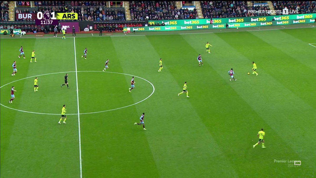 InvrrtedFB's tweet photo. When Gabriel receives with Fofana closing down, White’s inversion + distance Burnley midfield line has to travel means Amdouni can’t just jump to Saliba again, or else White is free.

So, Gabriel can play to Saliba, who then has options with Ødegaard + Saka 2v1 vs. Odobert. https://t.co/amGoaZaqTz