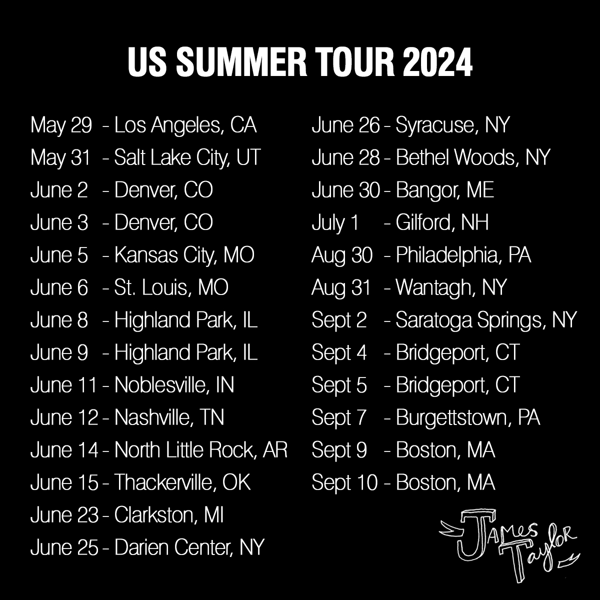 US Summer Tour announced! Presales start on Feb 21 at 10am local time - please visit the website for full details. A JamesTaylor.com account is required to participate, so register now if you're not already a member. tour.jamestaylor.com #JT #JamesTaylor #2024Tour
