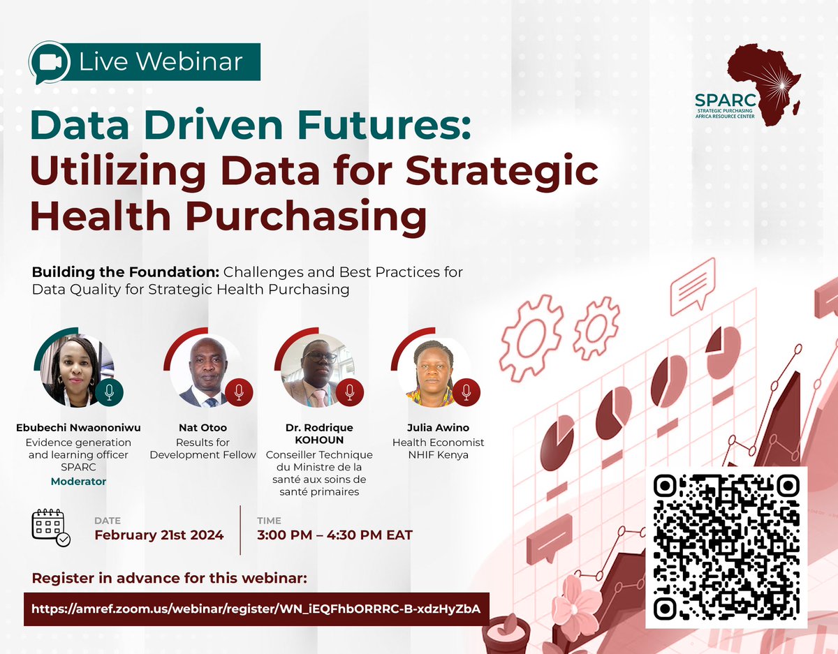 #WebinarAlert Join us tomorrow from 3:00 PM – 4:30 PM to discuss data availability, use, and interoperability in health and financial systems at different levels in Sub-Saharan African countries. Register amref.zoom.us/webinar/regist…… #StrategicPurchasing @MOH_Kenya @Kemsa_Kenya