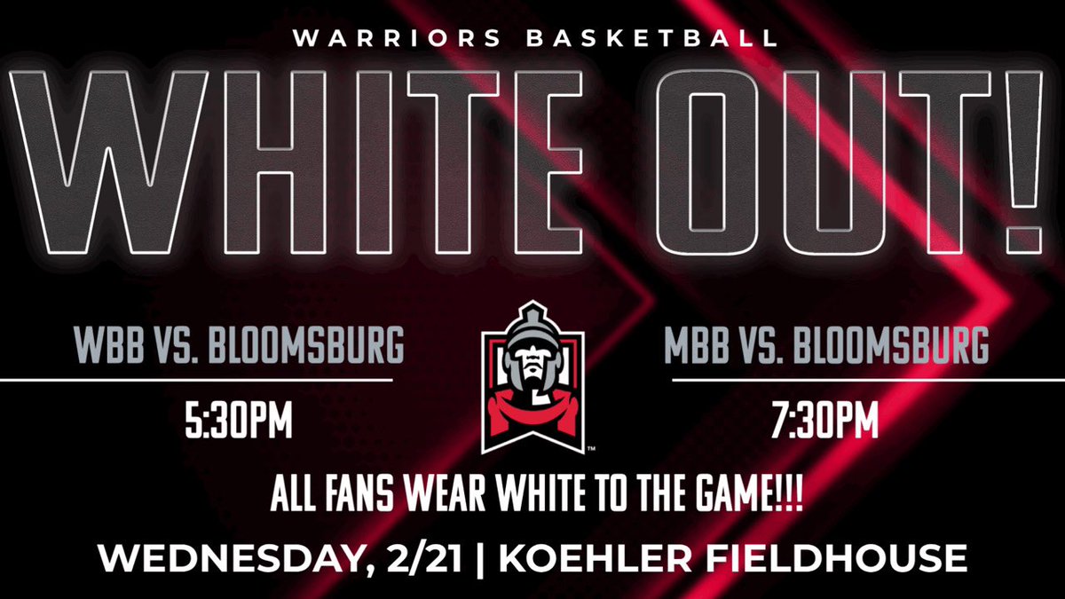 ⚪️⚪️⚪️ WHITE OUT TOMORROW IN KOEHLER FIELDHOUSE  ⚪️⚪️⚪️

Women 5:30
Men 7:30

🔥🔥🔥🔥🔥