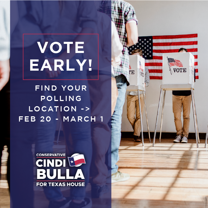 cindifortexas's tweet photo. Early voting is open! Find your polling location and cast your vote for Cindi Bulla for TX HD 87! https://t.co/Pe3hgbMkd0 https://t.co/3sL75MF12m