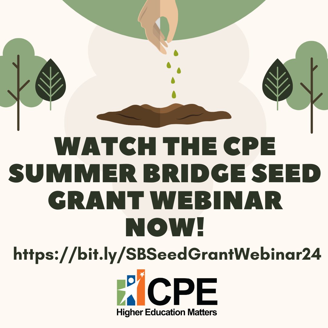 Did you miss the 2024 #SummerBridge Seed Grant funding opportunity webinar? Watch the replay at: bit.ly/SBSeedGrantWeb…. Proposals are due @12PM (EST) March 4. Details available at: cpe.ky.gov/news/grants/in……. @cpepres @apelli2 @RobinHebert3 @TWalsh_CPEKAA @PhyllisClark @CPENews