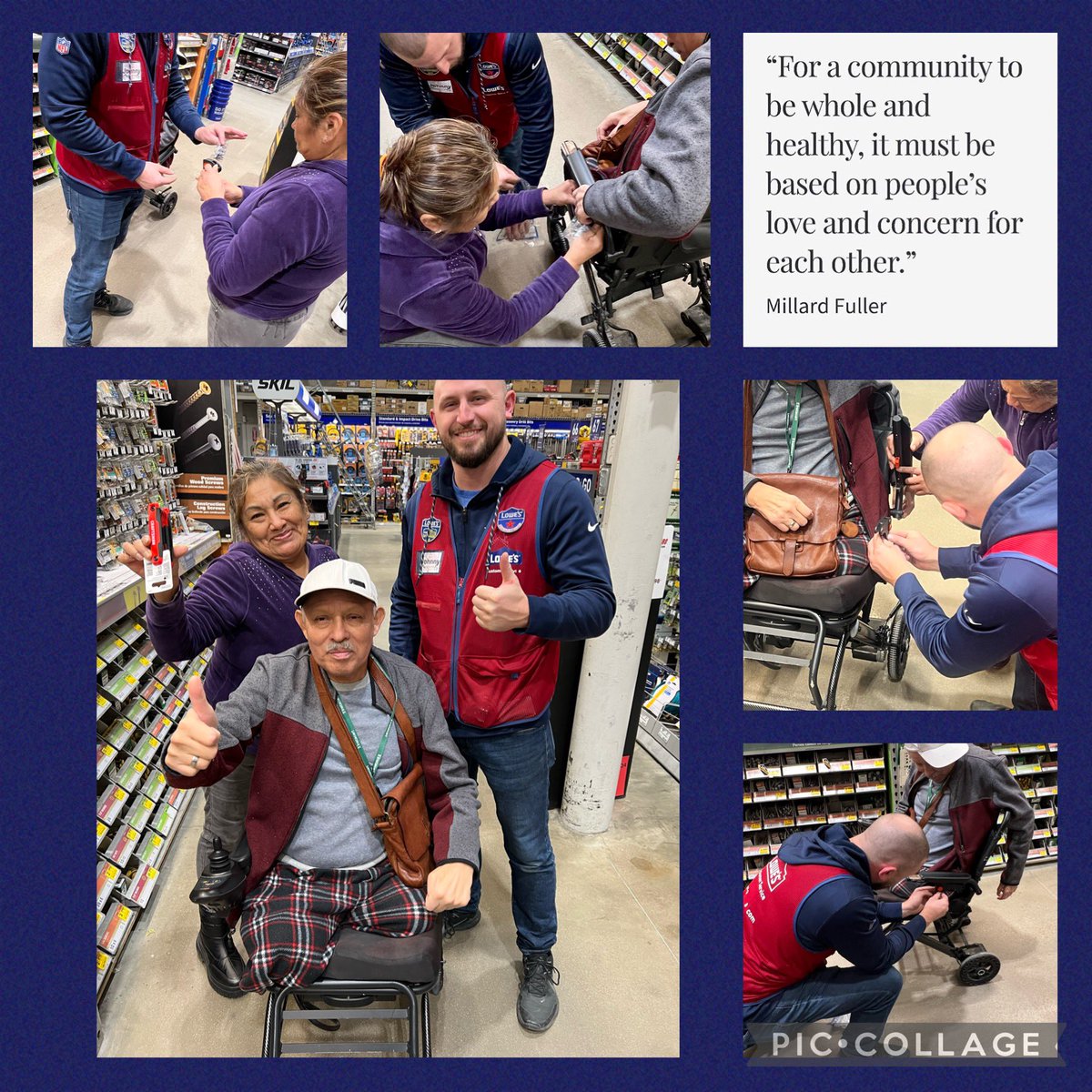 This customer arrived in a worn out, “new to him” wheel chair, looking for parts to fix it up! ASM Johnny not only repaired it, but donated the tool needed for future fixes! The couple left grateful, promising to be lifelong Lowe’s customers! <a href="/terpsfan08/">Scott Willis</a> <a href="/DustinCornell5/">Dustin Cornell</a>