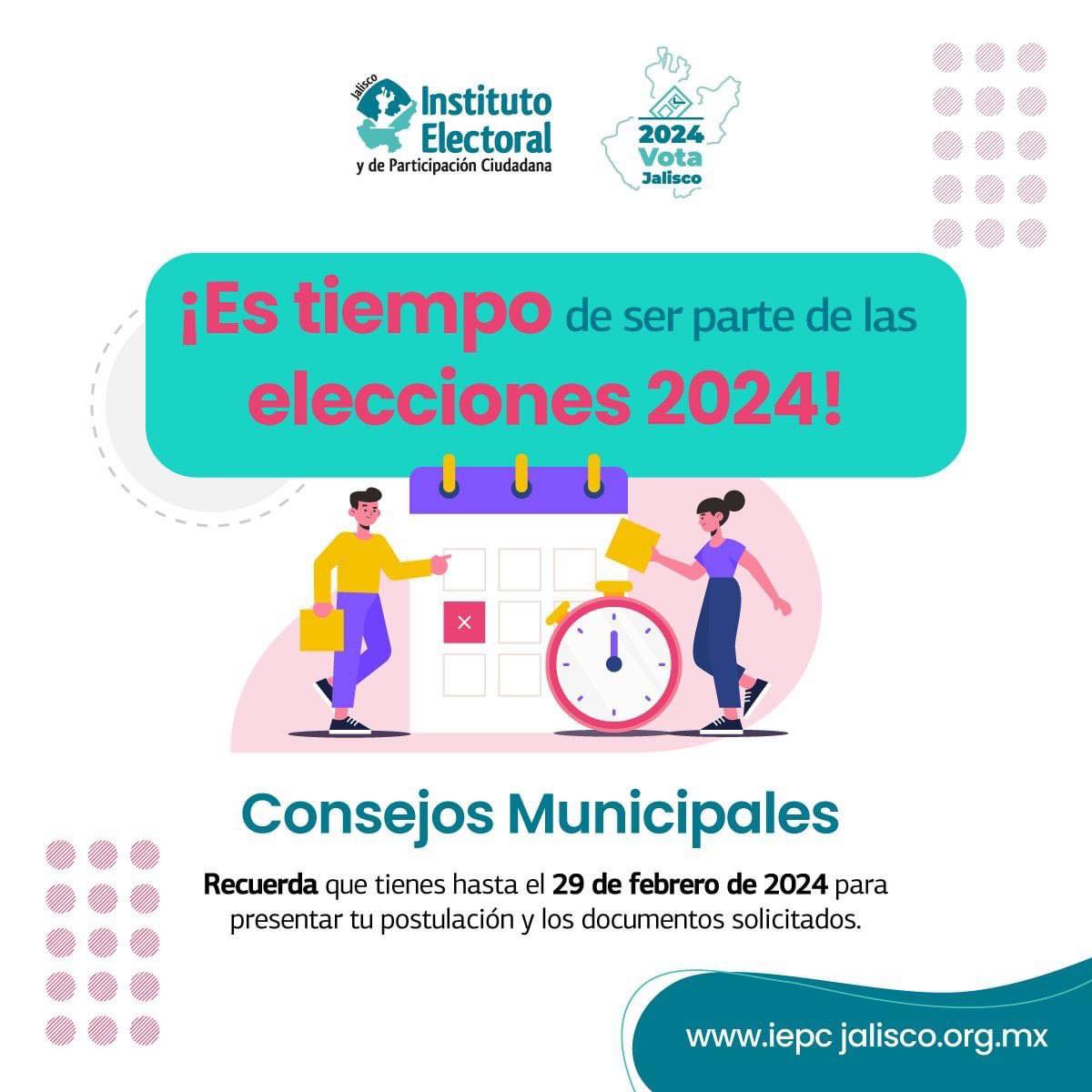 🙋🏻‍♀️🙋🏽‍♂️ #Postulate ||  Recuerda 😃 que tienes hasta el 29 de febrero de 2024 para enviarnos tu solicitud 📨 de registro  y ser parte de los #ConsejosMunicipales del Proceso Electoral 2023-2024 🗳.

Convocatoria ➡: iepc.cc/Sry3C10 
#TuVozEsElPoder #Elecciones2024 #Jalisco