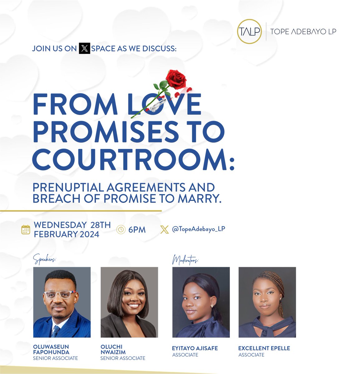 TopeAdebayo_LP's tweet photo. Join us for a special edition of Spaces with Tope Adebayo LP this Valentine season as we explore the nuances of Prenuptial Agreements and breach of promise to marry in Nigeria.

Date: Wednesday, February 28, 2024
Time: 6:00 PM https://t.co/wT1JtJkC7V