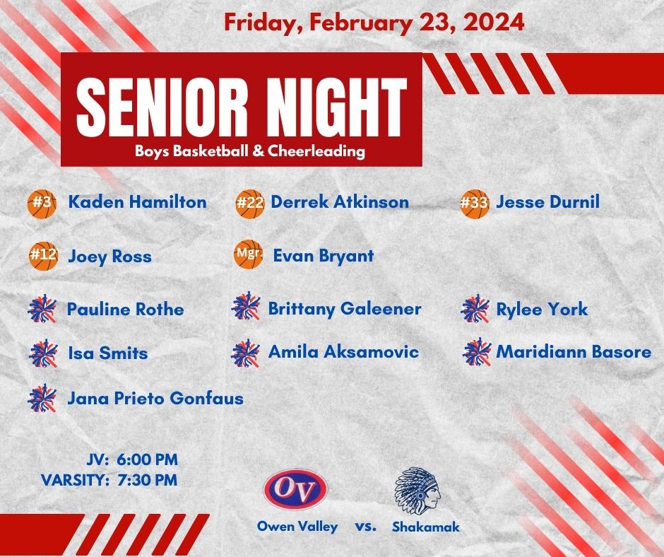 New Date for Senior Night!!!!

OVHS Boys Basketball and Cheerleading

Friday, February 23, 2024 @ Patriot Hall

<a href="/OVHSBoysBB/">Owen Valley Basketball</a> <a href="/ovhs_patriots/">Owen Valley HS</a>