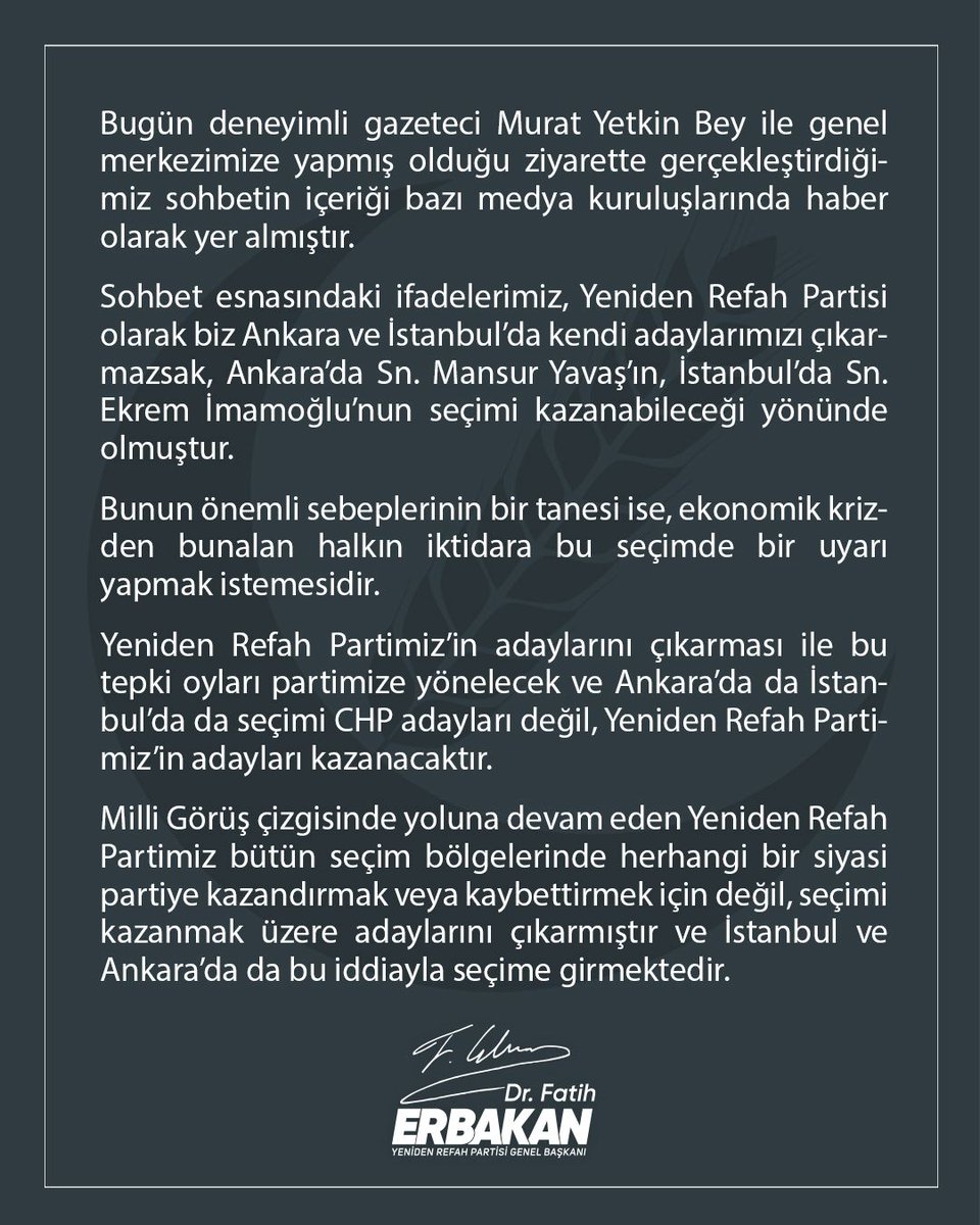 Kamuoyuna saygıyla duyurulur.

#FatihErbakan
#YenidenRefahPartisi
#YenidenRefah
#YenidenErbakan

<a href="/rprefahpartisi/">Yeniden Refah Partisi</a>