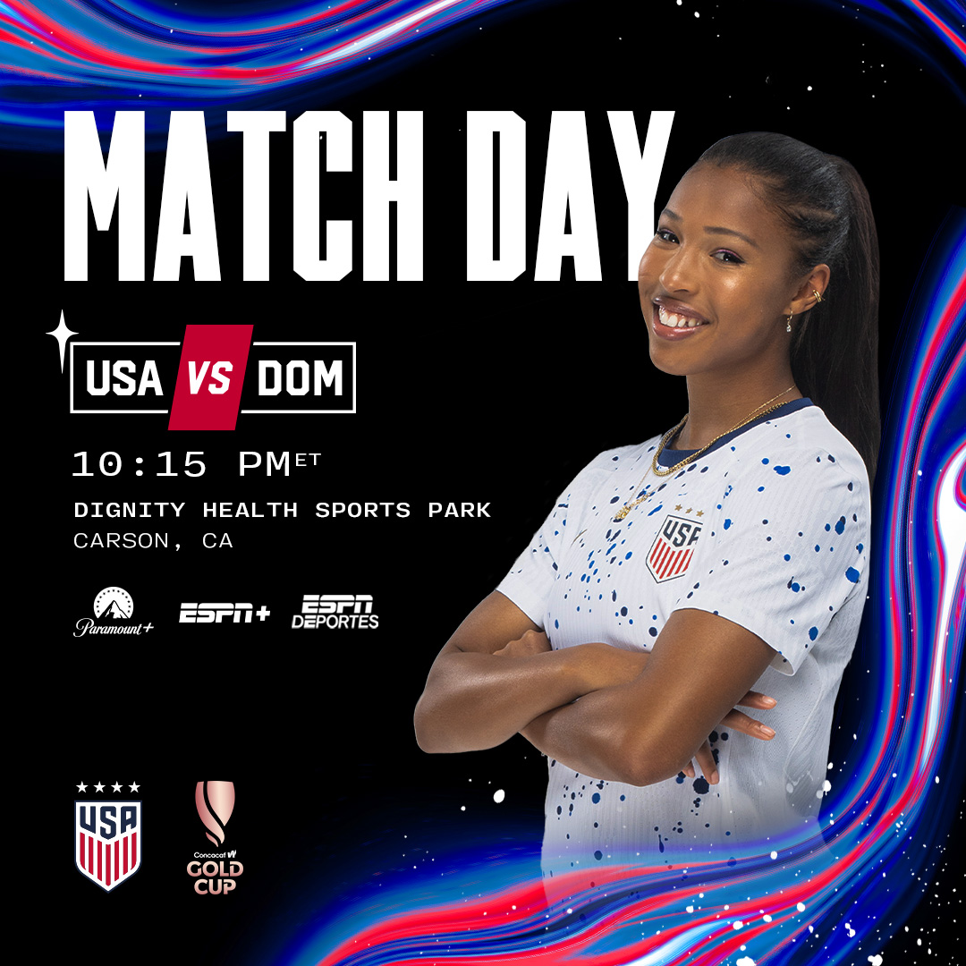 USWNT's tweet photo. IT'S MATCH DAY!!!!!!! 

🇺🇸USA vs Dominican Republic 🇩🇴

10:15 PM ET
 📍Carson, CA

📺 Paramount+ / ESPN+ / ESPN Deportes

Match Preview » https://t.co/atctfoBtMM https://t.co/ZWip3ThgRi