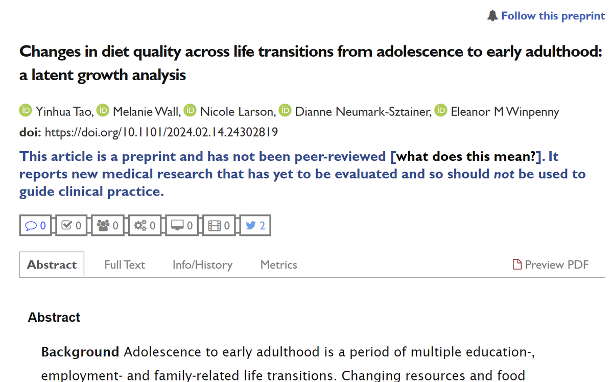 New preprint explores gender-specific associations of early adulthood life transitions with diet trajectories medrxiv.org/content/10.110… Leaving full-time education had negative associations and starting full-time employment positive associations with diet quality for both sexes.