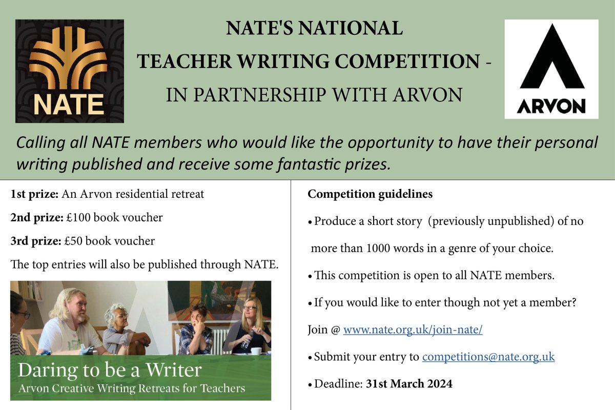 NATE's national teacher writing competition - in partnership with Arvon. Produce a short story of no more than 1000 words to win an Arvon residential retreat. nate.org.uk/nates-2024-tea… Deadline: 31st March Open to all NATE members. Not yet a member? Join @ nate.org.uk/join-nate/