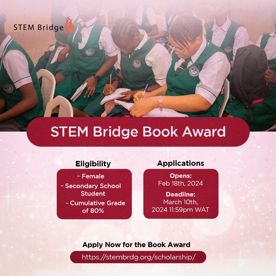 Apply for the STEM Bridge Book Award and win a grant for your educational resources. 
This award is for secondary school girls from developing countries who are passionate about STEM. 
Deadline is March 10th. 

Apply: stembrdg.org/scholarship/

#STEMBridge #STEMGirls #STEMEducation