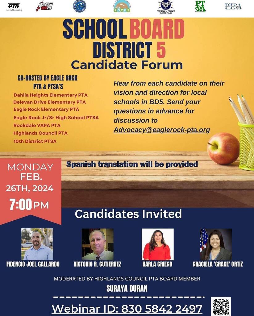 HappeningInERCA's tweet photo. @highlandscouncil Are you interested in learning more about the #LAUSD school board District 5 candidates? We’ll look no further. A virtual candidates forum will be held on MONDAY FEBRUARY 26, 2024 at 7:00pm. Save the date, pass it on and spread the news… https://t.co/iwTcrHbA1D https://t.co/Qoeu1vThPk