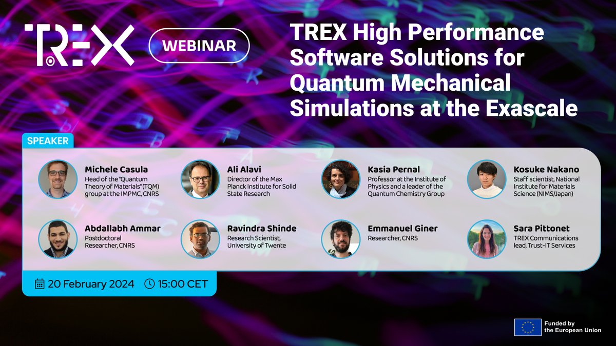 TREX-EU (@trex_eu) on Twitter photo 🚀Wrapping up the session with valuable insights & final remarks from the experts moderated by <a href="/sarapittonet/">Sara Pittonet Gaiarin</a> from <a href="/TrustITServices/">Trust-IT Services</a>
🌐Keep learning more about the TREX #HPC flagship #QMC codes, visit trex-coe.eu/trex-quantum-c…
Thank you for joining us! 🚀Wrapping up the session with valuable insights & final remarks from the experts moderated by <a href="/sarapittonet/">Sara Pittonet Gaiarin</a> from <a href="/TrustITServices/">Trust-IT Services</a>
🌐Keep learning more about the TREX #HPC flagship #QMC codes, visit trex-coe.eu/trex-quantum-c…
Thank you for joining us!