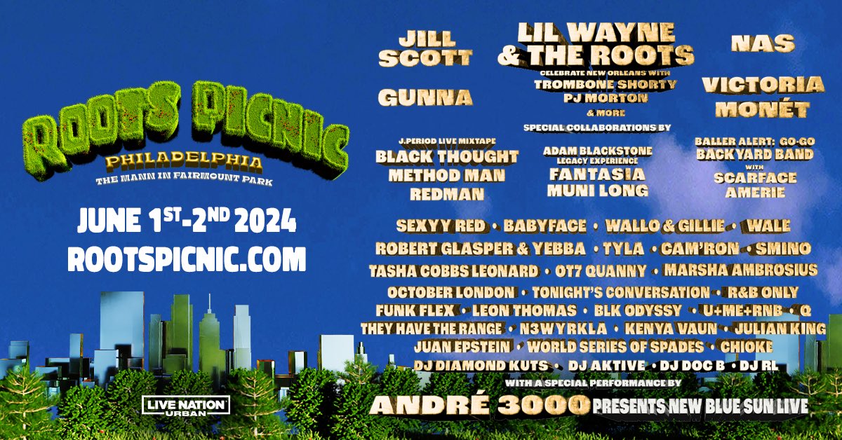 Roots Picnic 2024! June 1-2, 2024 • Philadelphia, PA Presale tickets available NOW! Use code: ALUMNI24 Head to rootspicnic.com for more information.