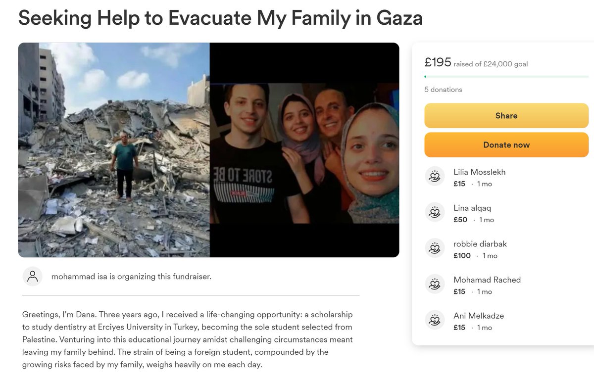 dana's campaign only has 5 donors and hasn't been progressing for a MONTH can we please change this? i encourage people to repost and b00st campaigns that have barely been funded 

her family is stuck in gaza and she urgently needs funding to help them
gofundme.com/f/seeking-help…