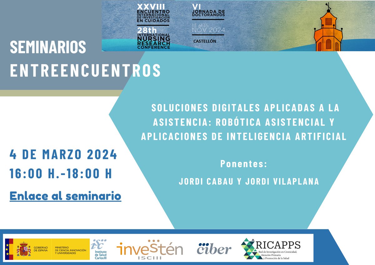 🔜¡Vuelven los Seminarios Entrencuentros! 
Título: Soluciones digitales aplicadas a la asistencia: Robótica Asistencial y aplicaciones de Inteligencia Artificial
Imparten 🗣️: Jordi Cabau y Jordi Vilaplana.
🗓️4 de marzo de 2024 de 16 a 18h (CET).
🔗Online: n9.cl/oyyh4