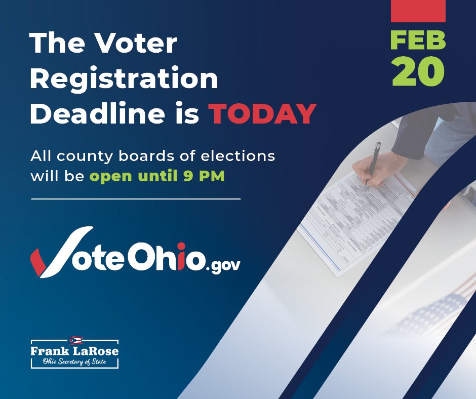 Today is the day to make sure you are registered to vote for the March 19 primary election. Register online at VoteOhio.gov or at your local county board of elections. #Vote2024