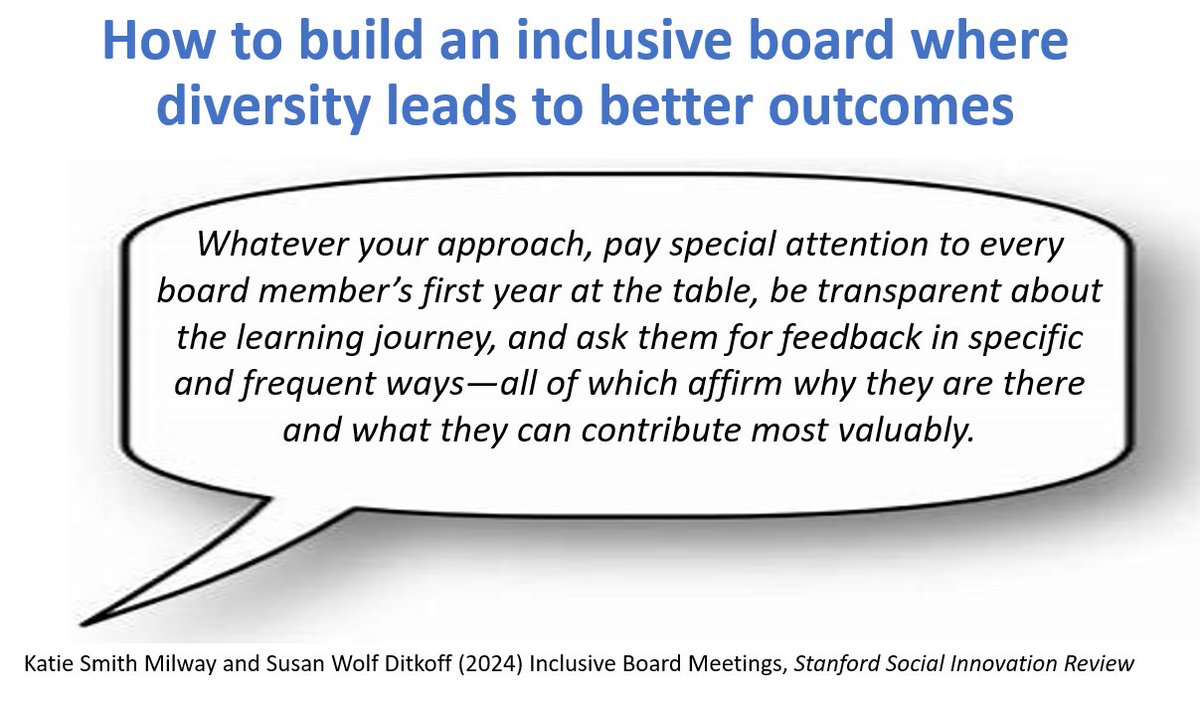 Inclusive board meetings. Diverse teams get better results, but it takes skill &amp; thoughtfulness to make the most of diverse experience at a board table. Research published in <a href="/SSIReview/">Stanford Social Innovation Review</a> suggests four actions to help inclusive governance achieve its full potential:
1)  Agree on