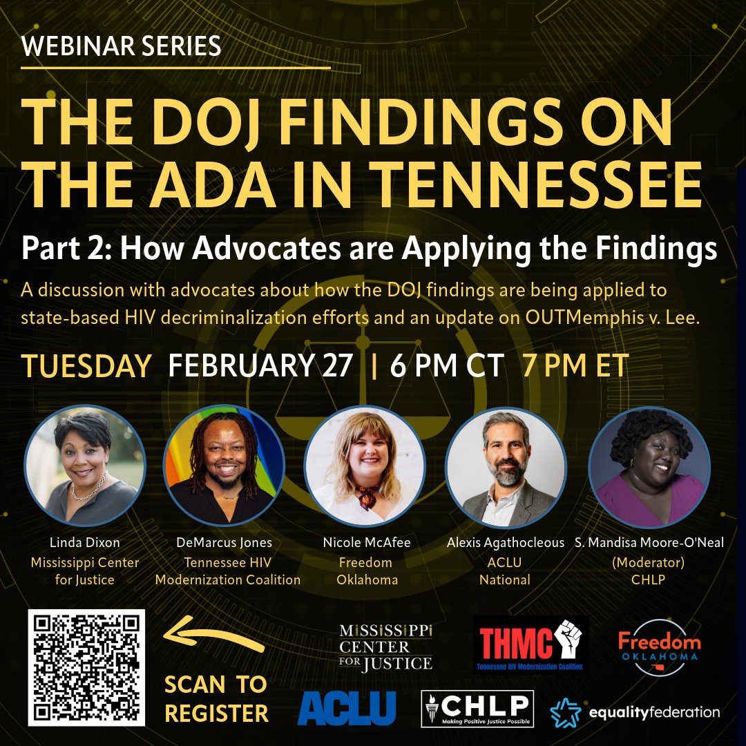 CHLP and @EqualityFed present a webinar series on the DOJ findings that Tennessee’s enforcement of the aggravated prostitution statute against PLHIV violates the ADA. Join us for Part 2 on HIV is Not a Crime Day, Tuesday, Feb 27 at 6p CT/7pm ET. Register: us02web.zoom.us/webinar/regist…