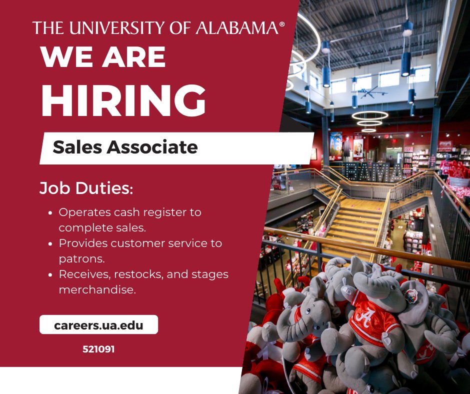 Join our team!  The Sales Associate I performs various retail support activities at he Supe Store.

For more information and to apply:
bit.ly/UAJobs521901

#UAJobs #rolltide #UA #NowHiring #Work4UA #jobs4vets