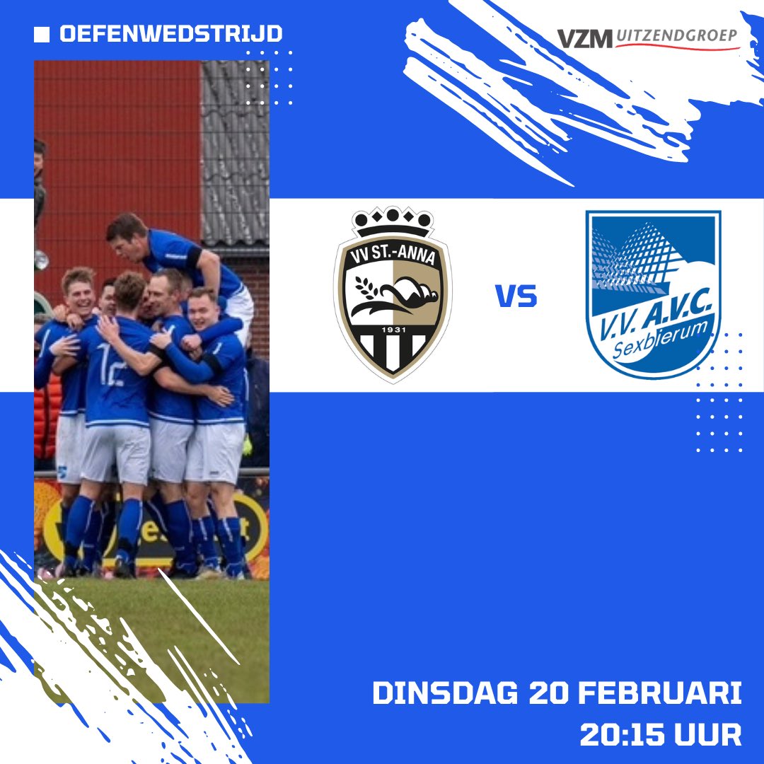 𝙊𝙀𝙁𝙀𝙉𝙒𝙀𝘿𝙎𝙏𝙍𝙄𝙅𝘿

🆚 St. Annaparochie 1 - AVC 1
📅 Dinsdag 20 februari
⏰ 20:15 uur 
🏟 Sportpark De Waaie