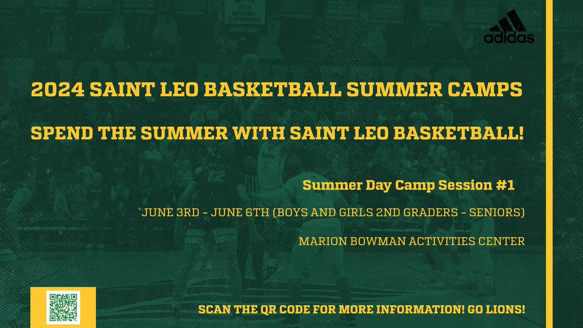 Calling all Summer Basketball Campers! Saint Leo Basketball is hosting its first Session of Summer Basketball Camp June 3rd - 6th!

Camp is open for Boys and Girls 2nd Grade to Seniors in High School 🦁

Register today - bit.ly/3SOAy0O