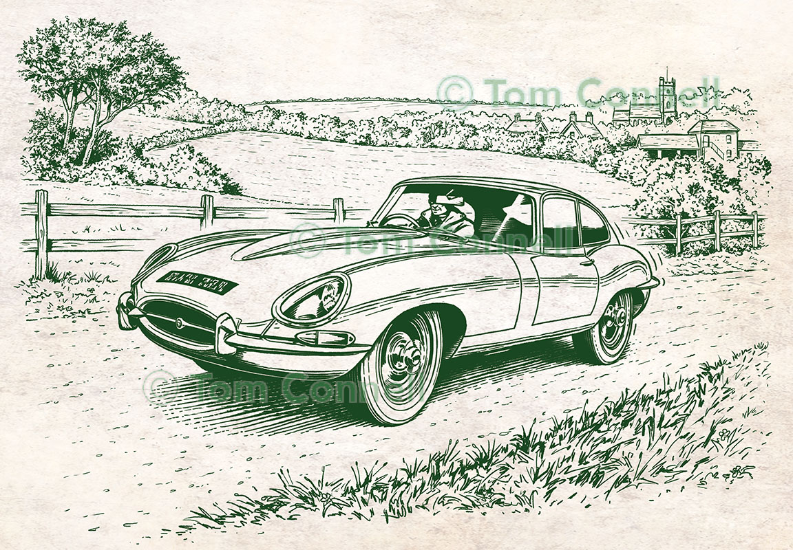 E-Type Jag drawing. One of a whole bundle of 60s and 70s cars I've drawn in this style. Prints to follow, possibly, if there's enough interest! #drawing #Jaguar #EType