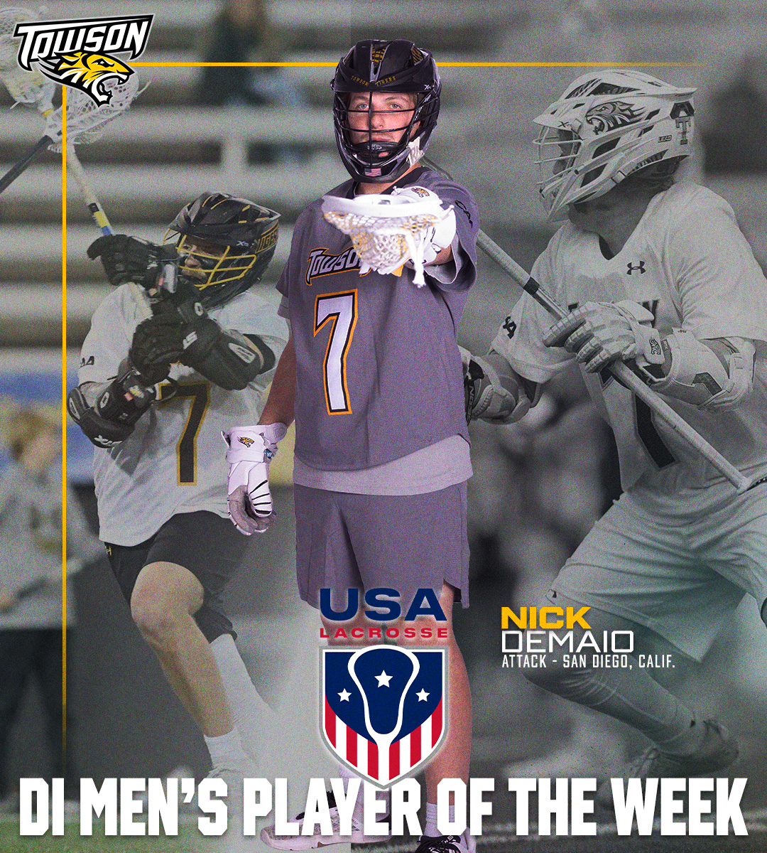 Congratulations to Nick DeMaio, the USA Lacrosse DI Men's Player of the Week!
📰- towsontigers.com/news/2024/2/20…
#GohTigers