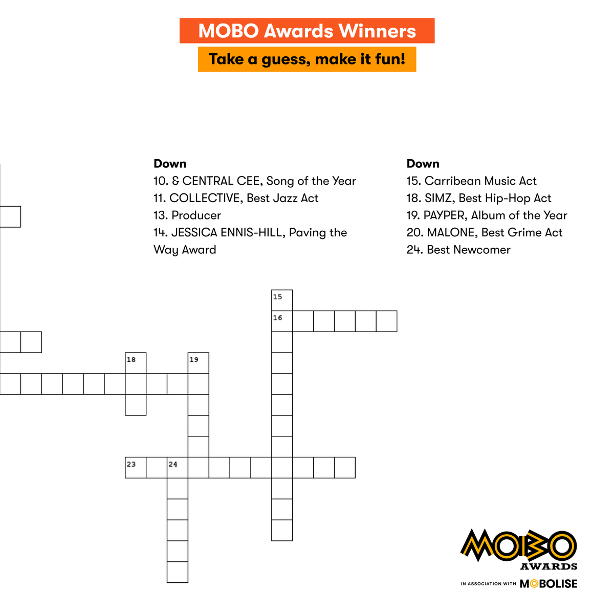 We've got a game for you. Can you solve this puzzle on the @MOBOAwards winners? Share your answers in the comments. We just may have something special for you. #MOBOAwards #MOBOLISEImpact