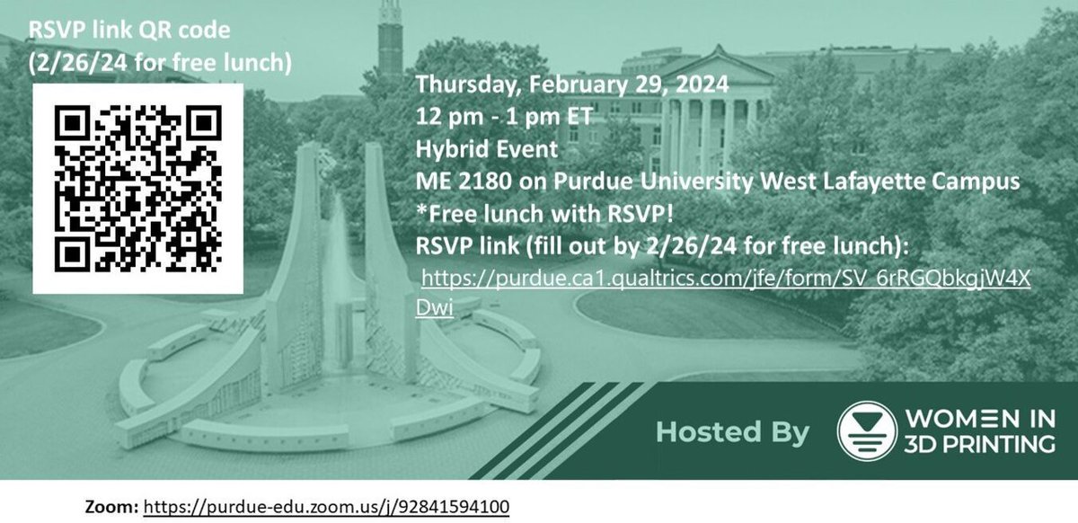 Join #Wi3DP West Lafayette on Thursday 2/29 at 12pm ET at ME 2180. We will feature 2-3 guest speakers on their 3D printing projects and research. Please RSVP by 2/26 if you want free lunch! Those who don't RSVP are still welcome to come. RSVP: buff.ly/3T4ho8y
