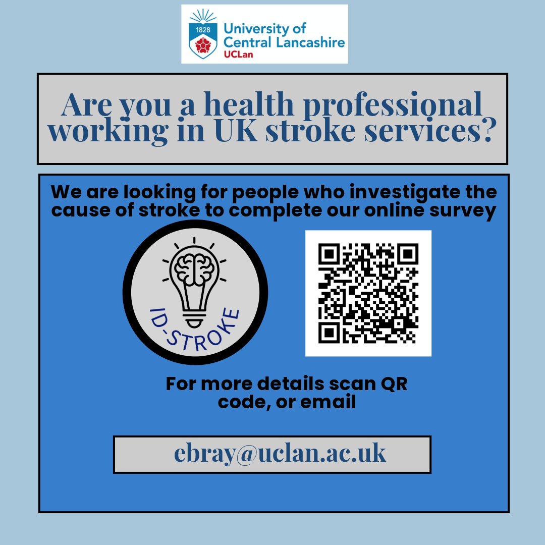 If you are a professional working in stroke services in the UK and involved in investigating the cause of stroke, please consider taking part in our survey uclan.eu.qualtrics.com/jfe/form/SV_5m… @BIASPstroke @ukstrokenursing #stroke