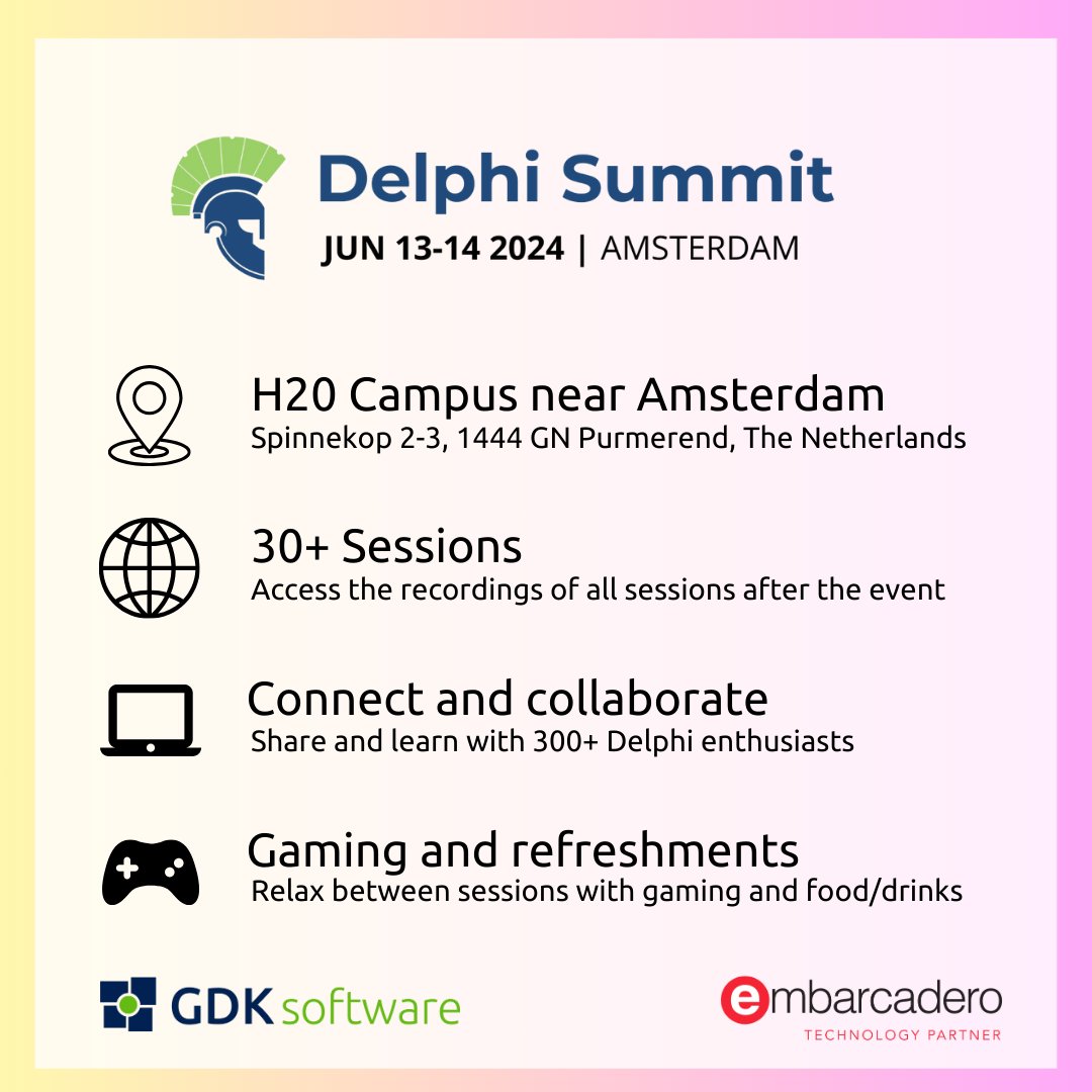 🚀 Calling all Delphi enthusiasts! Join us at Delphi Summit 2024 on June 13th-14th at H20 in Amsterdam for 2 days filled with learning, networking, and collaboration! We are planning 30+ sessions and expect 300+ attendees. Register now: delphisummit.com