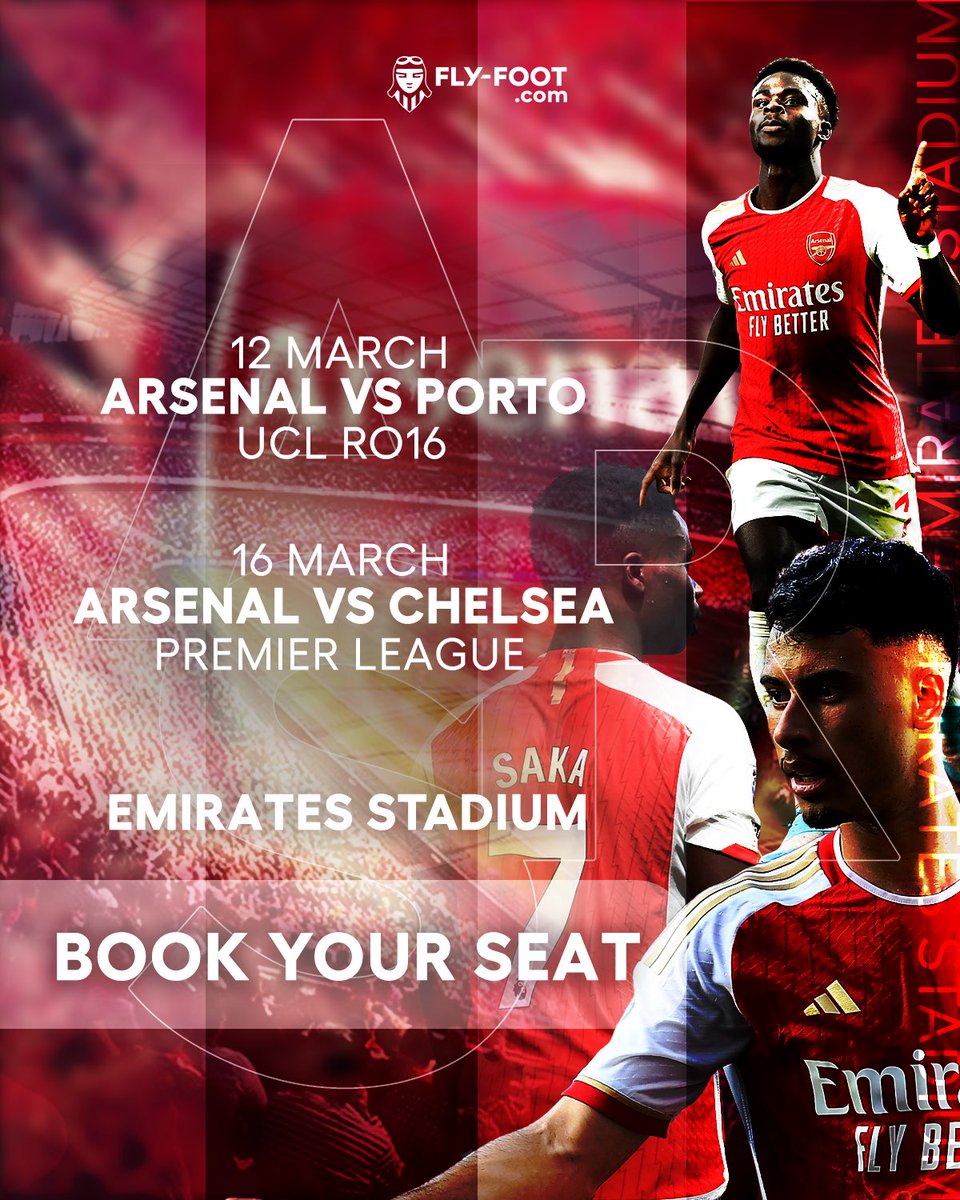fly_foot's tweet photo. WITNESS ALL THE ACTION LIVE AT THE EMIRATES🏟️🤩⚽️
Arsenal vs Porto⚽️
Arsenal vs Chelsea⚽️

Book your seat to the next Arsenal games ✈️⚽️

👉🏻👉🏻👉🏻https://t.co/W6SBCh7uJ9

#ucl #arsenal https://t.co/QqNJ1GsgWl
