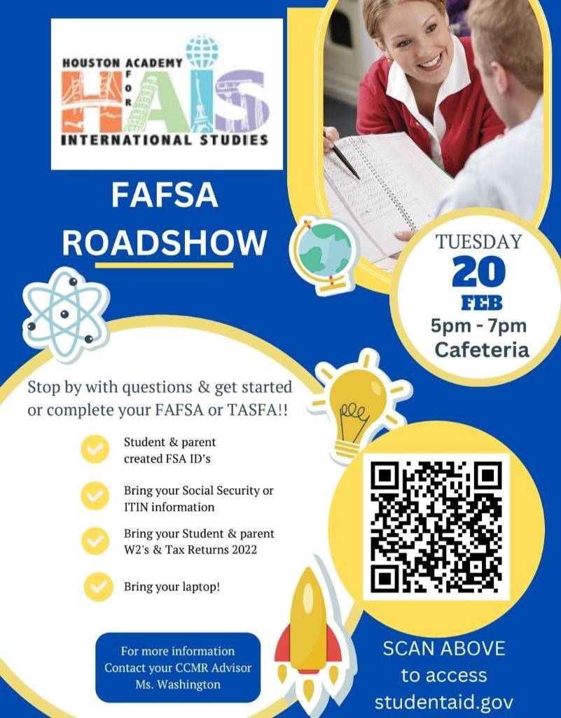 HAIS seniors, parents, and families are invited to the FAFSA Roadshow today, 2/20, 5-7pm