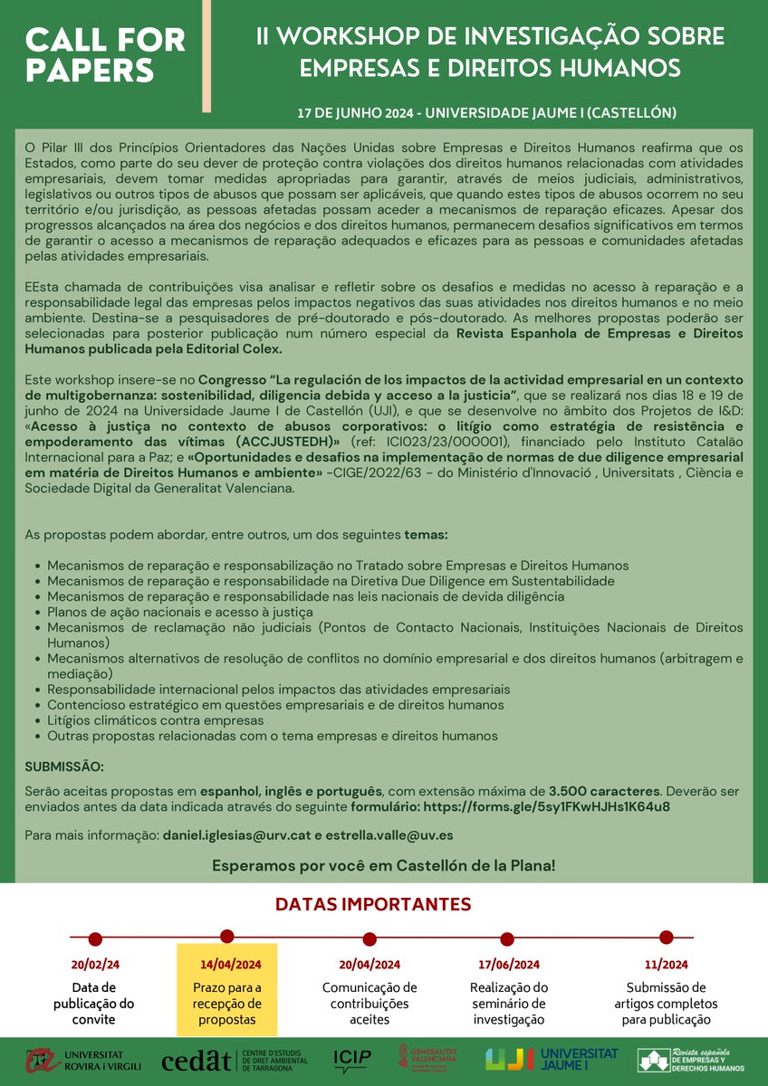 Daniel_IgleMar's tweet photo. 📢CHAMADA PARA COMUNICAÇÕES (POR-ENG- ESP) #empresaseDDHH
📚Workshop de investigação sobre empresas e direitos humanos
🗓️ 17 de junho
👉Submissão de resumos: https://t.co/uQVOVjyBq0
🗓️Até 14 de abril
#bizhumanrights #Access2justice #UNGPs
👇👇👇 https://t.co/yxnFnsP26S