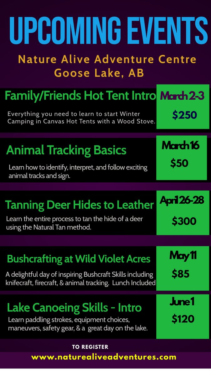 GEOEC's tweet photo. Upcoming events from our friends over Nature Alive Adventures. For additional information or to register, please visit their website.
https://t.co/BIOMYalEXY
#GEOEC #OutdoorEd #Bushcraft #NatureAlive #Alberta #OutdoorSkills #SurvivalSkills #BushcraftSkills https://t.co/MEgDq1OFn7