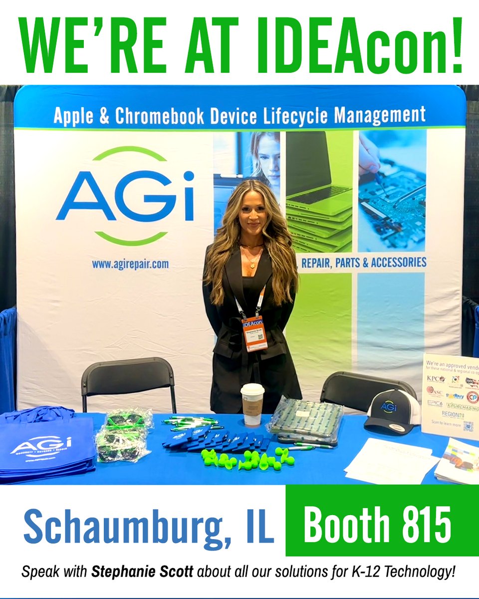 We're here at IDEAcon in Schaumburg, IL! Visit Stephanie Scott at booth #815. She'll provide you with all the details about our K-12 device life-cycle management solutions, including protection, buyback, parts, and repair!

#AGiRepair #IDEAcon #SchaumburgIL #AGiFixedIt