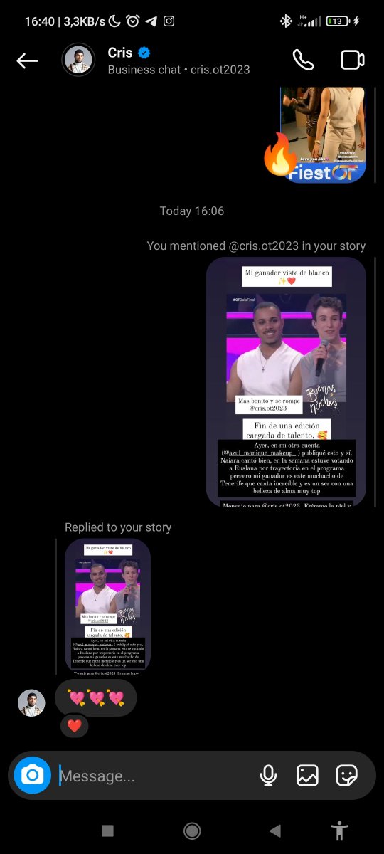MoniqueBelle20's tweet photo. No puedo 🥲 Esos corazones apareciendo en mi stories de ig son de Cris ☺️☺️☺️☺️☺️
No puede ser más achuchable mi tinerfeño lindo 💖⭐
(Voy a intentar dejar de reaccionar como adolescente 😂😂😂)
#SalvarCris ♥️✨
#CrisGanador
#OTFinal
#OT2023 https://t.co/ehej7jBCs7