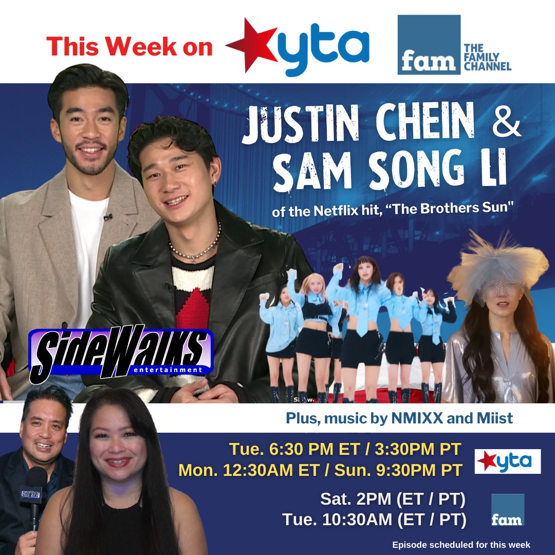 This week on #YTA & #TheFamilyChannel: 
#JustinChein & #SamSongLi (#TheBrothersSun); music by #NMIXX & #Miist. 

#YoutooAmerica #FamilyChannel #itsrealgoodtv #network #broadcast #telecast #USA #celebrity #interview #music #musicvideo #lifestyle #SidewalksEntertainment #thisweek