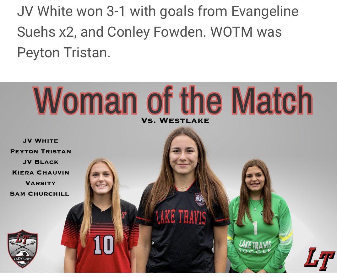 Way to go JV-W, on beating Westlake!
And great job <a href="/PTristan27/">Peyton Tristan</a> for WOTM! Thats my goalie. 🥰

<a href="/ltladycavsoccer/">Lake Travis High School Women’s Soccer</a> <a href="/JonTristanATX/">Jon Tristan</a>