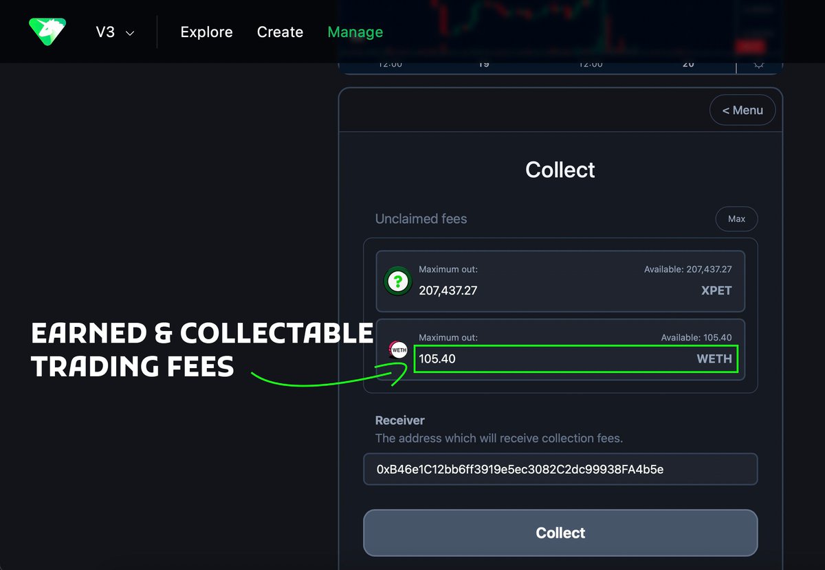 UNCX_token's tweet photo. Are you collecting your trading fees? Reminder that with our Fee Collection feature you can collect trading fees on your UNCX #UniV3 locks. ๐ฐ
๐จ By users' request, we have added a new feature on our V3 lockers allowing you to select the amount of fees you wish to collect! (Instead of collecting all at once).
Here, using @xpet_tech as an example, we can see that so far, $XPET has accumulated over 105 ETH ๐ธ in trading fees which would have otherwise been unclaimable!