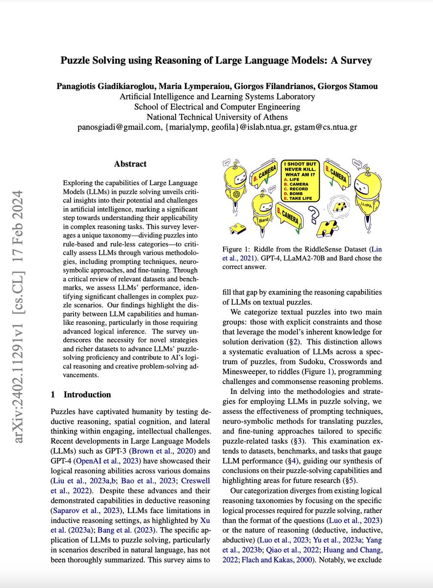 Puzzle Solving using Reasoning of Large Language Models: A Survey

Giadikiaroglou et al.: arxiv.org/abs/2402.11291

#Artificialintelligence #DeepLearning #MachineLearning