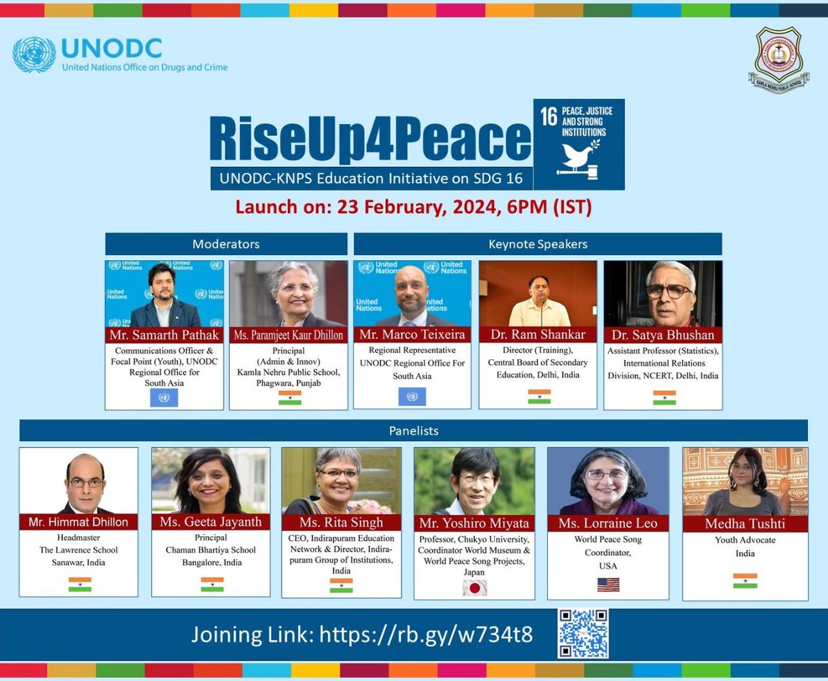 Join this riveting dialogue with experts as we unveil #RiseUp4Peace🕊️, a #SDG16-focused initiative by @UNODC, @KnpsIndia & educator partners to strengthen education on peace, lawfulness & integrity! 📍Friday, 23 Feb | 6 pm (IST) 📍MS Teams: rb.gy/w734t8 #GlobalGoals