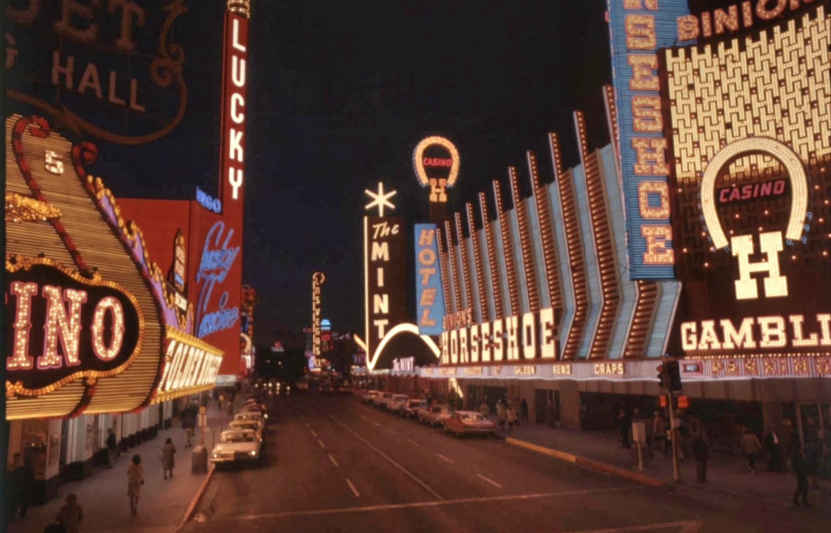 Looking down on a quiet 60s Fremont Street Downtown #LasVegas . 📷 @unlvsc Culinary Collection.