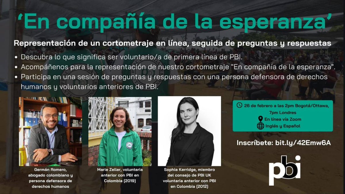 PBIColombia's tweet photo. Quieres conocer más de cerca que es el acompañamiento internacional? Regístrate a nuestro webinar, LUNES 16 de febrero, en compañia del defensor de #DDHH Germán Romero de @dhColombia. https://t.co/c2AtcF5Hcu