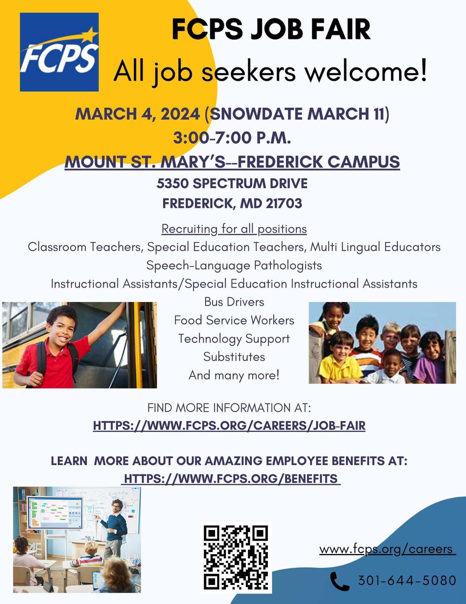 Not everyone loves online, so @FCPSMaryland is hosting a job fair! fcps.org/careers/job-fa… Registration is open! Come learn more about what makes us so special. 💙💛 All positions and all departments—support roles & teachers! WHEN: March 4, 2024 TIME: 3:00-7:00 pm WHERE: MSM